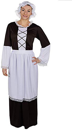 LADIES TUDOR MAID COSTUME INCLUDING BROWN LONG DRESS WITH WHITE DETAILING ON THE SLEEVE + WHITE APRON + WHITE MOP CAP PERFECT FOR ANY THEMED FANCY DRESS PARTY IN SIZE - STANDARD - UK LADIES 8-12