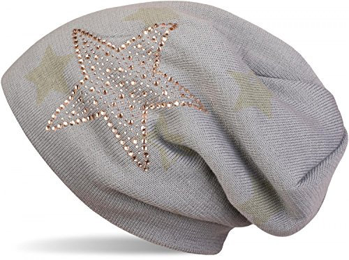 styleBREAKER warme Feinstrick Beanie Mütze mit All Over Stern Muster, Strass Stern und sehr weichem Fleece Innenfutter, Unisex 04024084, Farbe:Hellgrau