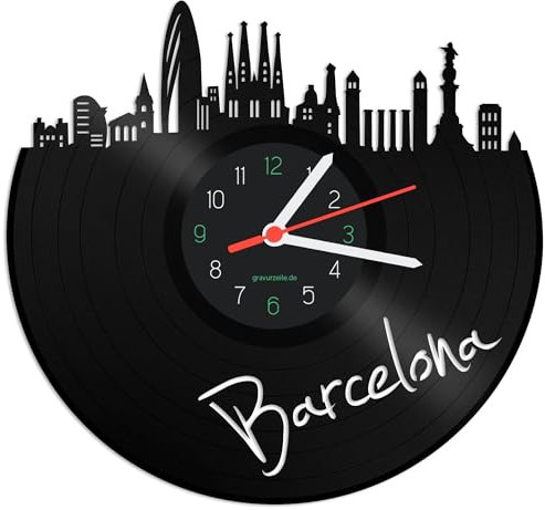 GRAVURZEILE Schallplattenuhr - Skyline Barcelona - Wanduhr aus gegossenem Vinyl mit Stadt Skyline - 30 cm - Upcycling Designer Uhr - Moderne Wanduhr im Retro Vintage Style - Made in Germany