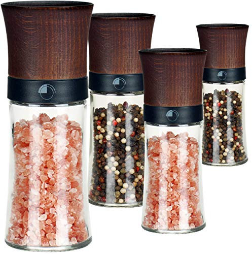 freiwerk Pfeffermühle Salzmühle 4er Set Keramikmahlwerk Chilimühle - ohne Gewürzinhalt - 150ml Buchenholz dunkel