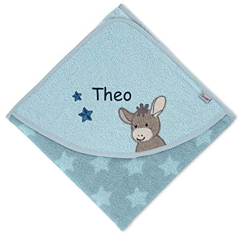 Sterntaler Emmi Kapuzenhandtuch mit Namen bestickt für Baby & Kinder, Badetuch Badehandtuch/Kinder-Badetuch mit Kapuze personalisiert, Junge 100x100 cm, Esel Emmi Blau