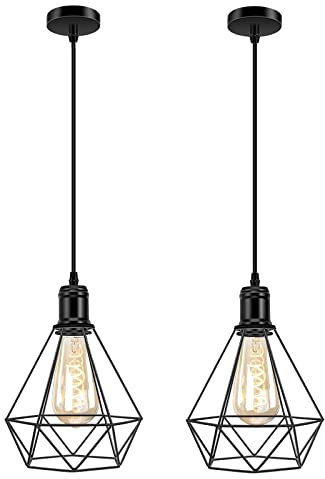 Biqing Industrial Cage Pendant Ceiling Light,Adjustable Hanging Ceiling Lights, Black Wire Lampshade for Kitchen Bedroom Bar Cafe Hallway, Large Size, 2PCS