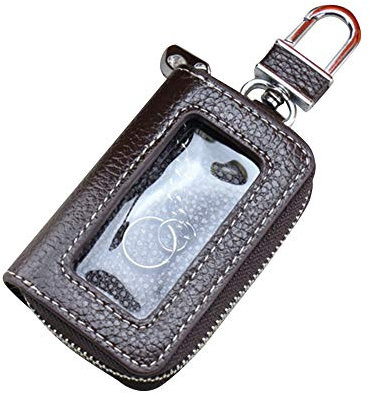 Auto Schlüsseletui, Leder Autoschlüssel Hülle Brieftasche Schlüsselanhänger mit Reißverschluss Auto Funkschlüssel Halter Schlüssel Kasten, Transparente Auto Ledertasche für Männer und Frauen,Kaffee
