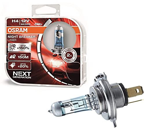 JURMANN 2x Osra.m H4 60/55W 12V P43t Night Breaker Laser +150% 64193NL-HCB hell Weiß Ersatz Scheinwerfer Halogen Auto Lampe - E-geprüft