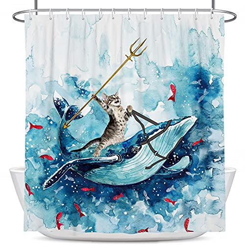Coxila Lot de 12 rideaux de douche amusants avec motif chat amusant baleine poisson anime unique océan homme fantaisie animal bizarre dessin animé mer garçons été salle de bain 152,4 x 183 cm tissu