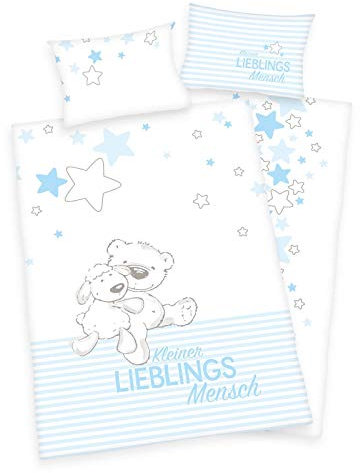 Arle-Living 3 TLG. Baby Bio Bettwäsche Motiv: Kleiner Lieblingsmensch Blau - Renforcé 100x135 cm + 40x60 cm + 1 Bio Spannbettlaken 60x120-70x140 cm (Blau, Renforcé mit Laken)