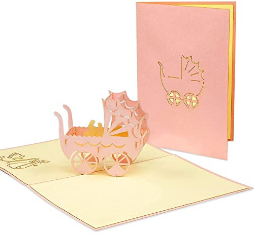 LINPOPUP®, LIN17611, POP UP Karte - 3D Karte zur Schwangerschaft Geburt - 3D Glückwunsch-Karte mit Baby Mädchen Kinderwagen in Rosa - Überraschungs Klapp-Karte mit 3D Effekt, N90