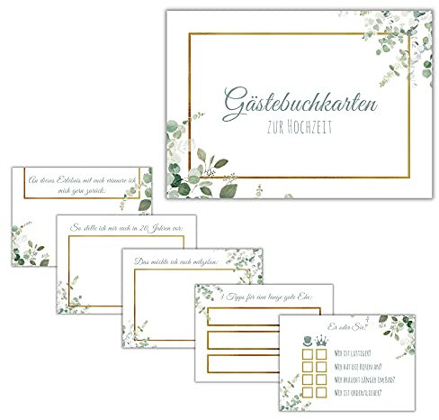 JEKA 50 Gästebuch-Karten für Hochzeitsbuch, DIY-Gastkarten Set für Gästebuch Hochzeitspiele für Gäste, Gästebuchkarten Hochzeit (Grün-Gold)