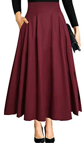 Burgund Rock Damen Trachtenrock High Waist Midi a Linie Lang Weiter Elegant Trachten Festlicher Maxirock mit Schlitz Taschen Faltenrock Plisseerock Sommerrock Leicht Strandrock S