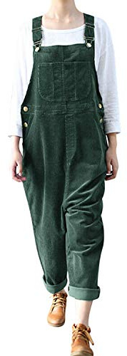 Womens Casual Corduroy Jumpsuit Retro Sleeveless Bib Overalls Dungarees with Pockets (02-Green, 2XL)