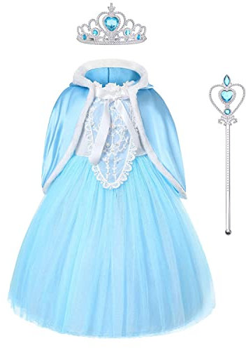 URAQT Snow Queen Costume, Filles Cosplay Robe de Princesse, Reine des Neiges Manches Longues Robe Costume Déguisements pour Filles Fête d'Anniversaire Halloween Noël Cosplay(140)