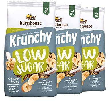 Barnhouse Krunchy Low Sugar Crazy Nuts, zuckerarmes Bio Hafer-Knuspermüsli aus Bayern, mit Cashews, Haselnüssen und Kokoschips, 3 x 375g