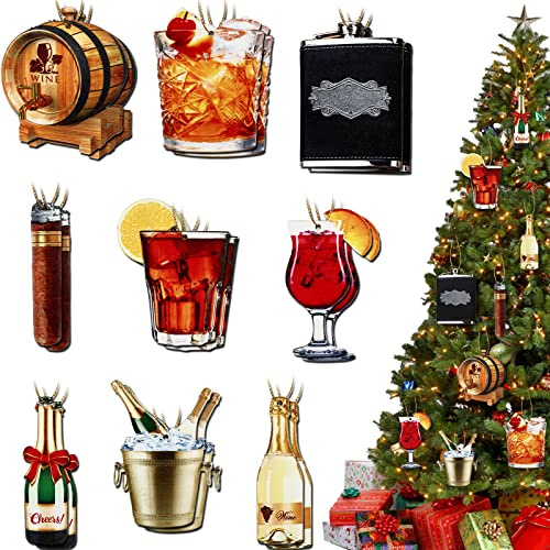 27 Pcs Wooden Cocktail Christmas Ornaments - Champagne Bottle & Liquor Ornaments with Gold Ropes