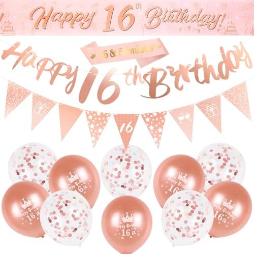 QonLou 16th Birthday Decorations Kit: Rose Gold Happy 16th Birthday Banner, Triangle Flags, Confetti Balloons & Ribbon Tool