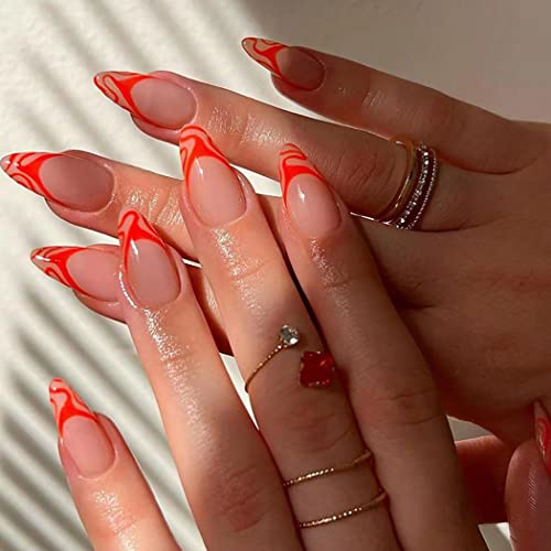 Vatocu Almond Glossy False Nails French Short Nude Press on Nails Orange Lines Ripple Fake Nails Pink Acrylic Stick on Nails for Women and Girls (24pcs）