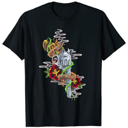 T-Shirt mit Revolver und Rosen T-Shirt