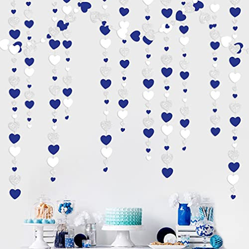 Bleu Marine Argent Coeur d'amour guirlandes Argent Bleu Royal Suspendus banderoles bannières pour Anniversaire Saint Valentin fiançailles Mariage Bapteme fête d'anniversaire décorations Fournitures