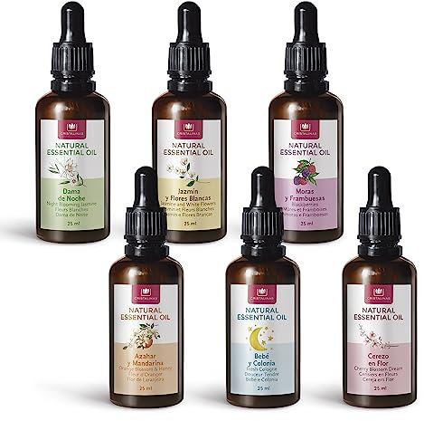 CRISTALINAS | Juego 6 Aceites Esenciales para Humidificador | 100% Puro | Pack con Aromas Azahar | Moras | Damas | Bebé | Cerezo y Jazmín | Set 6x25ml | 0% Alcohol