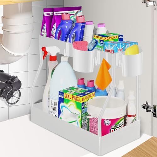 BIAOQINBO 2 Etagen Spülschrank Organizer,Unter Waschbecken Regal Küchen Organizer mit 4 Haken und 2 Tasse Gewürzregal Organizer Küchenregal für Küche,Spülbecken,Bad,Schrank