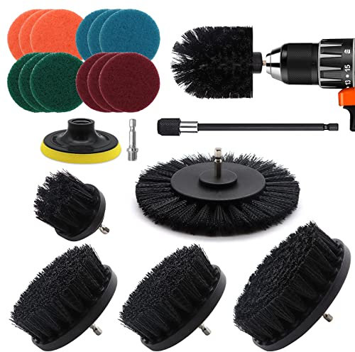 VIBRATITE Bürstenaufsatz Bohrmaschine Set, 20 Stück Bürstenaufsatz Akkuschrauber Bürste Reinigungsbürste Felgenbürste Scrubber Reinigung Kit, Power Scrubber für Bad, Felgen & Polster, Schwarz