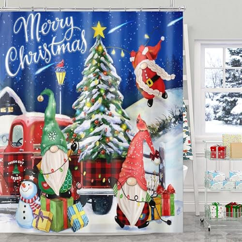 BIVINAR Wichtel Weihnachten Duschvorhang 72 x 72 Zoll, Frohe Weihnachten Roter LKW mit Weihnachtsbaum Duschvorhang, Winter Blau Nacht Sternschnuppe Schneemann Stoff Duschvorhang