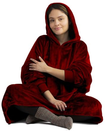 Walser Kuschelpullover, Snuggle Hoodie Decke mit Ärmeln und Kapuze, Oversize Hoodie Damen flauschig, Decken Hoodie Herren, Kuschel Decken Pulli XXL, Kuschelpulli, Blanket Hoodie 104x102 cm granatrot