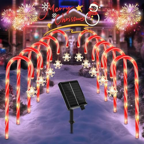Starnearby 12 Stück Weihnachtsdeko Aussen, Zuckerstangen Beleuchtet Außen Solar, 8 Modi Weihnachtsbeleuchtung Außen mit LED Schneeflocke Lichter, Weinachtsdekorationen für Outdoor, Rasen, Hof, Garten