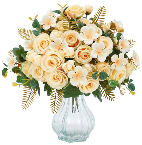 Floweroyal Artificial Flowers Outdoor UV Resistant Fake Flowers White Fake Roses Flowers Bouquets for Garden Porch Window Box Decor