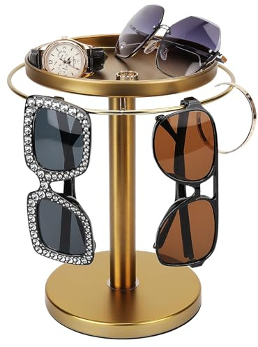kondyfayo 360° Rotating Sunglass Organizer Storage, Stainless Steel Glasses Holder Stand, Glasses Organizer with Tray for Desk, Dresser, Tabletop, Nightstand and Home Decor (Gold)