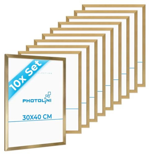 PHOTOLINI Bilderrahmen 30x40 Holz MDF Gold, 10er Set Bilderrahmen 40x30 cm, Picture Frame mit bruchsicherem Acrylglas, Rahmen 30 x 40 zum Aufhängen, extra Zubehör - Rahmen 30x40 für Fotos & Poster