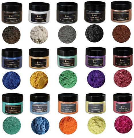 Epoxidharz Farbe Metallic (15x20g-MultiColor) Set, AArtsZ Mica Powder Pulver, Epoxy Resin Farbe, Pigment, Farbpigmente, Pigmentpulver Farben für Kosmetisches Qualität, Niveau Lipgloss
