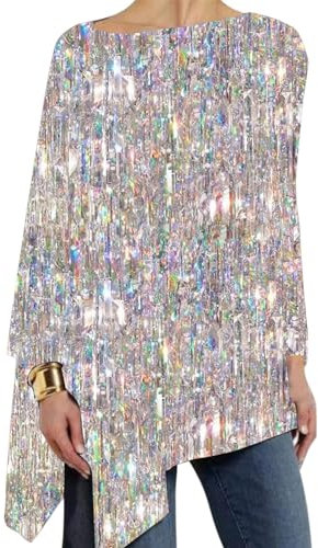 Generisch Langarmshirt Damen Oversize Pailletten Glitzer Festlich Bluse Abend Party Glitzertop Rundhals Langarm Oberteile Schön Glänzend Pailletten Tshirt Tops(A Silber,XXL)