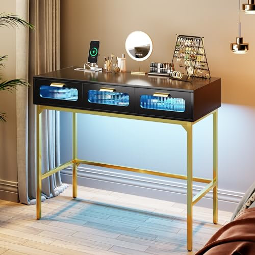 FREDEES Schminktische mit Beleuchtung ohne Spiegel, Klein Schminktisch mit Ladestation, Holz Schminktisch mit 3 Schubladen, Schwarz