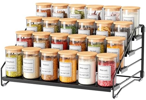 MAYZOLOP 4 Etagen Gewürzregal Stehend, Gewürzregal Ohne Bohren, Einstellbar Schwarz Gewürzregal für die Schrank Organisation, Metall-Gewürzregale für die Küche, Breite 34cm