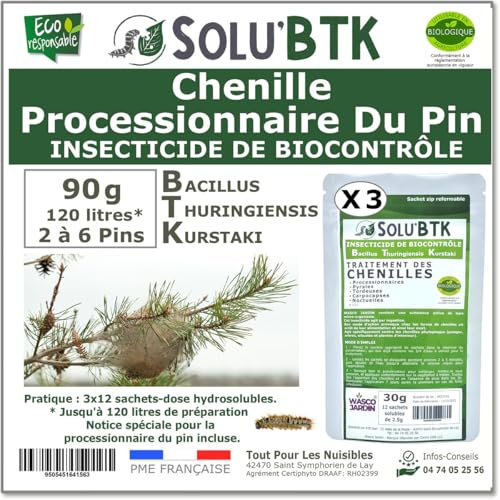 SoluBTK | Chenilles Processionnaires du Pin | 90 g Insecticide Bacillus Thuringiensys | Utilisable en Agriculture Biologique | Pour 2 à 6 Pins