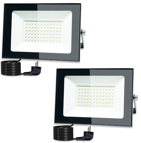 Hopelit LED Strahler, 50W Led Strahler Außen Kaltweiß Licht, Superhell LED Fluter mit Stecker, IP66 Wasserdicht LED Außenstrahler für Garage, Patio, Sportplatz etc - (2Stk)