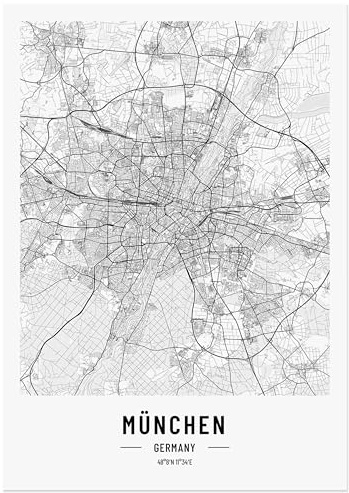 JUNOMI® München Poster DIN A4 Wohnzimmer Deko, Modernes Wandbild, München Bild, Wandbild ohne Rahmen, Stadtplan Poster, perfekte Geschenkidee für Münchener