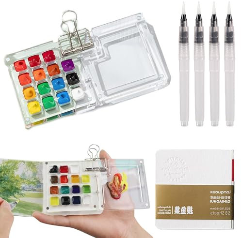 Wbgraceful Acrylic Mini Paint Palette Set, 15 Grids Pocket Watercolor Palette Portable Sketchbook Palette Mini Travel Paint Palette with Watercolor Notebook Painting Pens Clip for Watercolor Painting