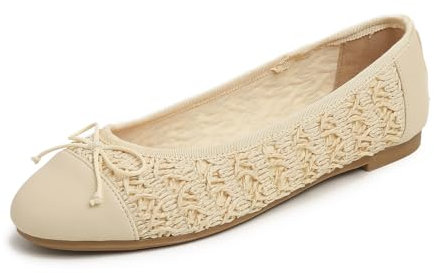 Feversole Women's Bow Tie Fashion Dress Slip On Shoes Round Toe Ballet Beige Raffia Toe Cap UK Size 5