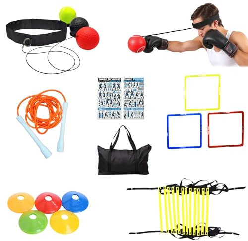 Beat-Fit Kit Boxeo Hombre Cuerda Saltar, Conos Entrenamiento, Boxeo en casa, Deporte en casa, Bola Boxeo, Entrenamiento Boxeo, Reflex Ball, Aros psicomotricidad, Escalera de Agilidad