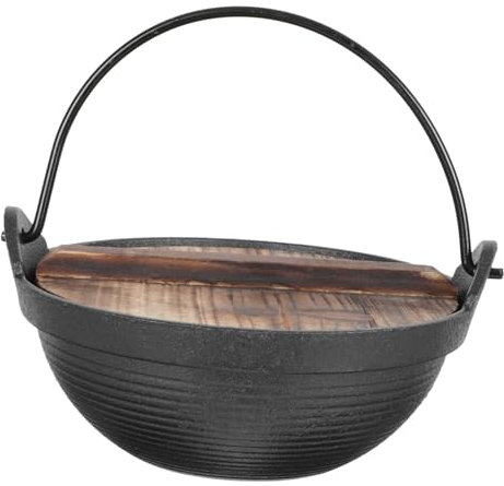 SECFOU Small Hot Pot Pot Iron Cooking for Camping Hiking Multifunctional Outdoor Use Wooden Lid