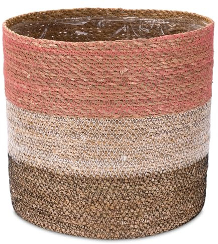 Decorasian Cache-pot en jonc de mer, tressé, panier décoratif avec insert en film de style bohème, rose, blanc, noir, 30 cm