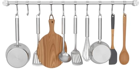 WUSILILU Kitchen Hanging Racks, 304 Stainless Steel 20 Inch Rail Utensil Storage Hanger with 10 Pcs Noiseless Sliding Hooks, Wall Mounted Rod Holder for Pots Pan Spatula Spoon Cookware Mug Cup