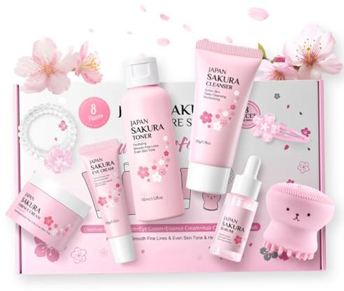 Sakura Feuchtigkeit Geschenkset Frauen, Reinigung & Pflege Beauty Set für Teenager Mädchen und Frauen, 8-tlg Skincare Set mit Reiniger Toner Gesicht Serum Cream Augencreme Gesichtsbürste Haarschmuck