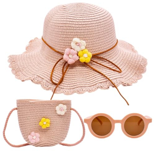 PLNVNVP Chapeaux de Paille d'été Enfant Chapeau de Soleil Filles Petit Sac Lunettes de Soleil Ensemble, Chapeau de Paille avec Décoration Florale, pour Vacances Plage Voyage Activités de Plein Air