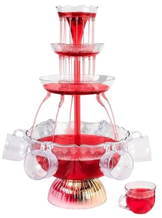 Fontaine de Fête,3 Niveaux Transparente Fontaine à vin Rouge 4L avec 5 Gobelets Réutilisables et Socle éclairé par LED,pour Pubs,Mariages,Fêtes à la Maison