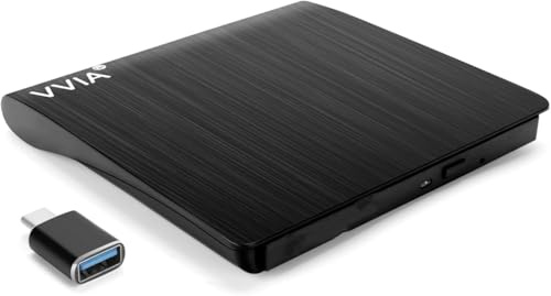 vvia External CD/DVD Drive, Portable USB 3.0 Type-C CD +/-RW Drive DVD Player for ROM Rewriter Burner for Laptop Desktop, Compatible with Windows 7/8/10/11 Mac MacBook Pro/Air… Linux OS-Black