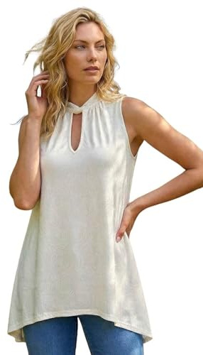 Roman Originals Womens Floral Twist Neck Vest Top - Ladies Smart Casual Office Work Tops Detail High Neck Blouse Asymmetric Dipped Hem Vest - Ivory - Size 16