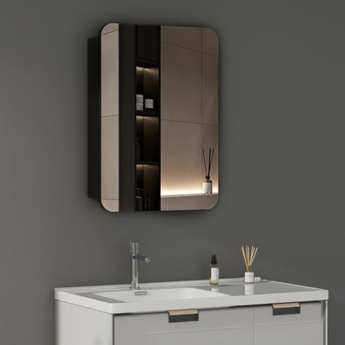 WDWRITTI Spiegelschrank 50x70x12,5cm Badezimmerschrank, Runder Ecken Bad Metall Badschrank Medizinschrank Spiegel Kabinett mit Glasablage, Badezimmer hängeschrank mit Spiegel