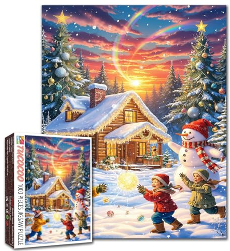 Spielen im Schnee, 1000 Teile, Puzzle, 50,8 x 68,6 cm, Holzhaus, Winterlandschaft, Schneemann, Weihnachtsbäume, bunter Sonnenuntergang, Ferienhütte, Spaß, Indoor-Spiel, entspannende Aktivität